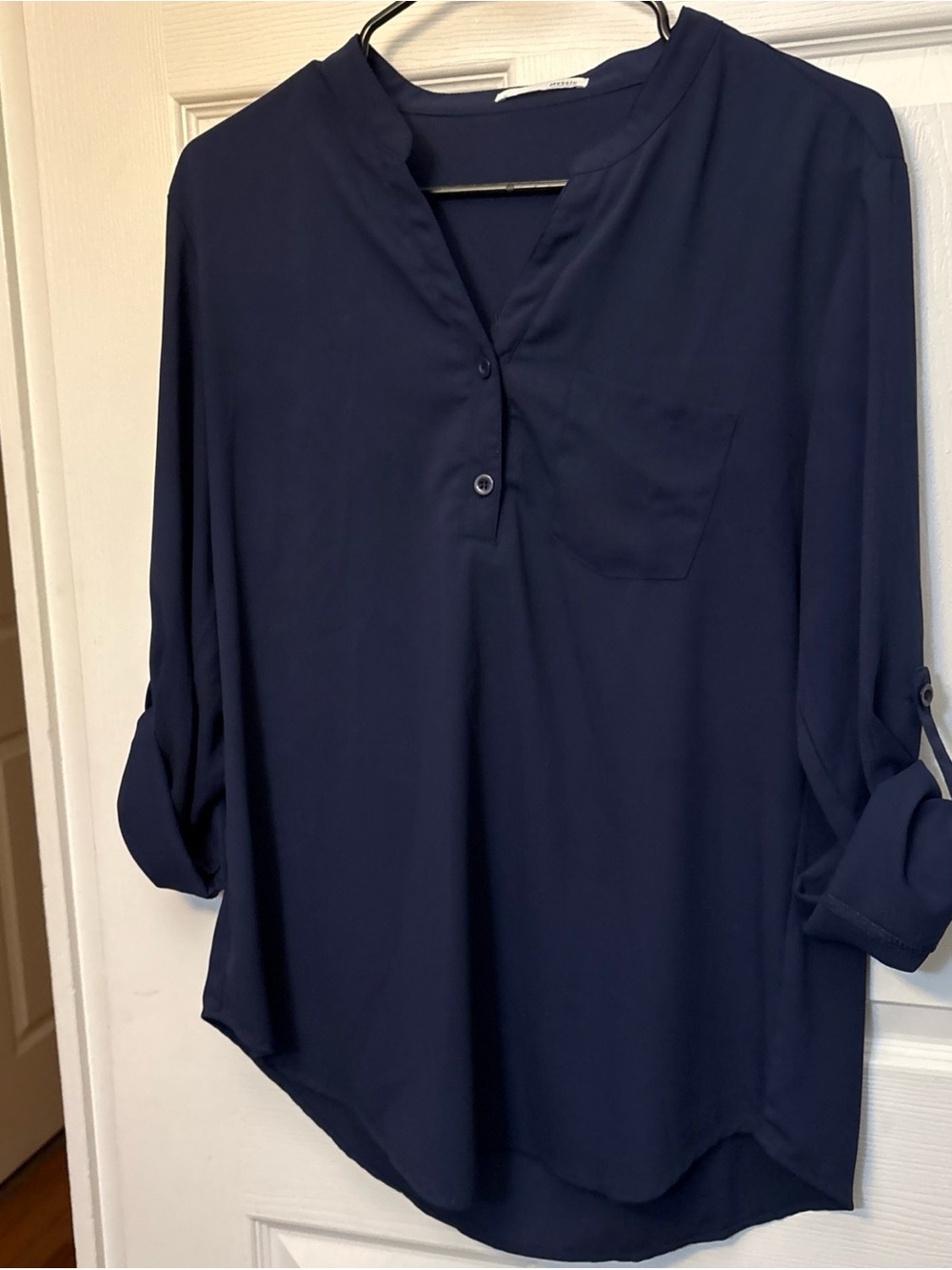Navy Split-Neck Roll Sleeve Blouse